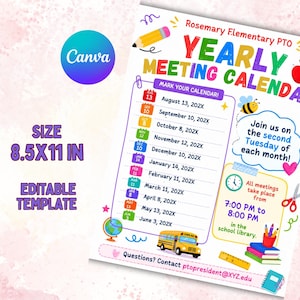 May include: A colorful 8.5x11 inch editable yearly meeting calendar template for Rosemary Elementary PTO. The document features school-themed graphics like a bus, apple, pencil, and globe, listing monthly meeting dates and times.