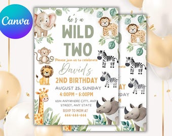 Two Wild Birthday Invitation: Safari Animals, 2nd Birthday (Digital Template)