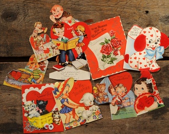 Vintage Valentine card grab bag, mixed lot, assortment of 8 cards 1940s, 1950s, 1960s / Vintage Valentines love cards for gifts, journals