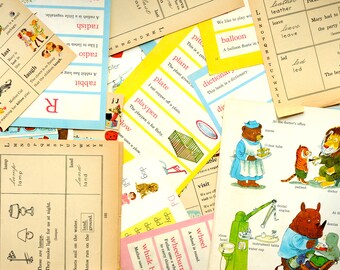 1/8 lb bundle of vintage children's, kids vocabulary & spelling educational book pages / vintage paper ephemera bundle with illustrations