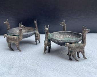 Inca folk art handcrafted antique silver coin metalwork Llama salt cellars and spoons: matched pair