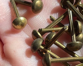 12 Brass Upholstery Tacks • One Dozen Antique Furniture Brads • - .2" dome head / .57" long • Early 20th Century Restoration Hardware