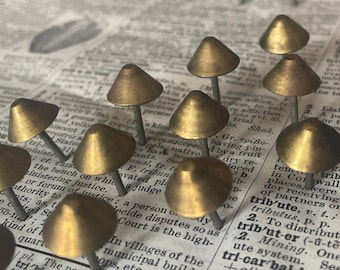Vintage Medium Brass Cone Upholstery Tacks • .425" x 1" Decorative Furniture Nails • New Old Stock