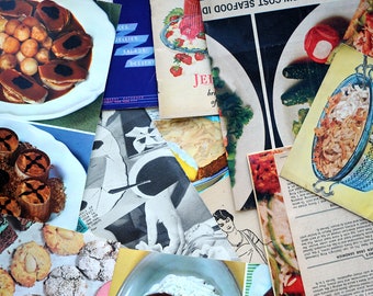 1/8 lb mix of vintage food illustrations & photos from cookbooks, newspapers, magazines for junk journals, scrapbook ephemera