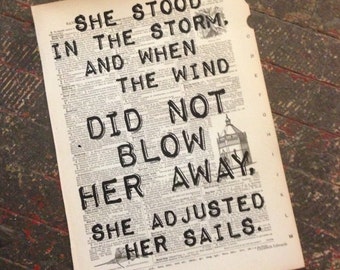 Print: "She stood in the storm…” – Elizabeth Edwards Quotation Printed on a Repurposed Dictionary Page