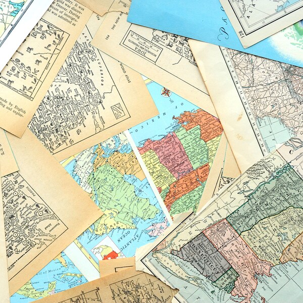 1/8 lb of vintage map & atlas ephemera for scrapbooking, journaling, crafting /  map pages for travel journals, junk journaling