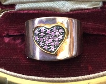 Vintage 925 Thailand Pink Rhinestone Heart Goldtone Over Silver Wide Ring US Size 10