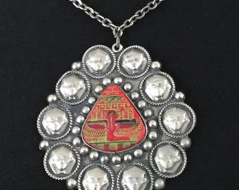 Vintage Silvertone Long Chain Egyptian Revival Style Large Pendant Necklace, 1960's 1970's Jewelry