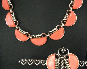 Vintage Orange Thermoset Goldtone Necklace & Clip On Earrings Jewelry Set, 1950's 1960's