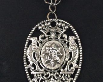 Vintage Silvertone Crown Heraldic Coat Of Arms Pendant Necklace, 1950's 1960's Jewelry