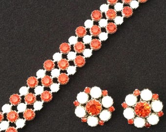 Vintage White Milk Glass Orange Rhinestone Silvertone Bracelet & Clip On Earrings Jewelry Set, 1950's 1960's