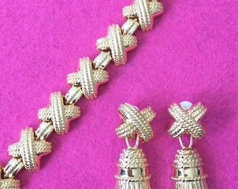 Ivana Vintage Goldfarbenes Schmuckset mit gekreuztem Armband und baumelnden Ohrhängern, 1980er/1990er Jahre