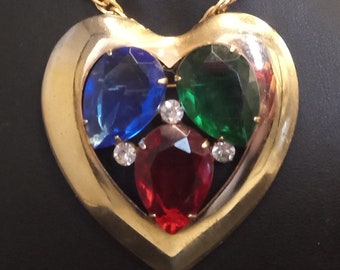 Vintage Heart Rhinestone Pendant Brooch Necklace New Old Stock 1970's 1980's