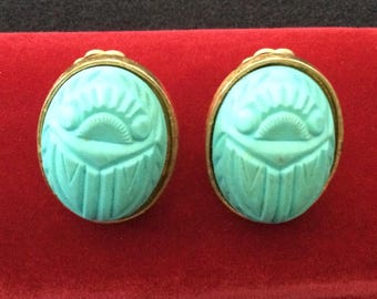 Kenneth Lane Signed Vintage Aqua Lucite Goldtone Scarab Clip On Earrings, 1960's 1970's Jewelry