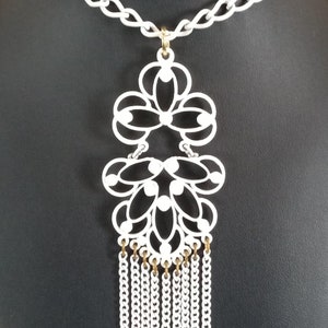 Vintage White Fringe Statement Pendant Necklace 1970&#39;s 1980&#39;s Jewelry