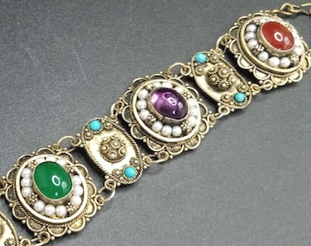 Vintage Glass Cabochon Faux Pearl Ornate Bracelet 1950's 1960's