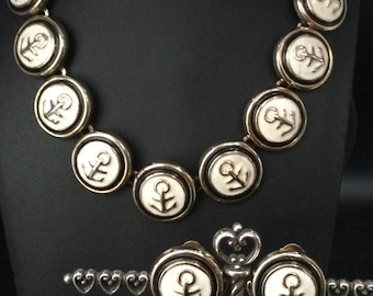 Vintage Goldtone White Enamel Anchor Chunky Necklace & Clip On Earrings Nautical Jewelry Set, 1970's 1980's