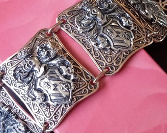Authentic Signed West Germany Bracelet, Vintage Aluminum Heraldic Knight Shield Chunky Bracelet, 1950's 1960's Coat of Arms High End Jewelry