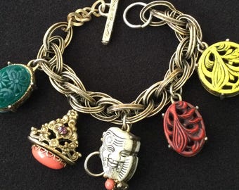 Vintage Goldtone Asian Themed Chunky Charm Bracelet, 1950's 1960's Jewelry