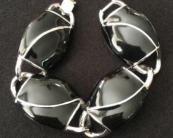 Monet Vintage Silvertone Black Enamel Statement Bracelet, 1970's 1980's Jewelry