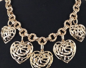 Graziano Vintage Chunky Goldtone Chain Heart Rhinestone Statement Charm Necklace