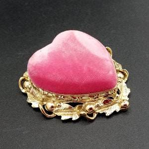 SF Vintage Signed Pink Heart Velvet Pin Cushion 1970's 1980's