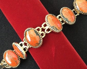 Vintage Goldtone Orange Glass Cabochon Chunky Bracelet, 1950's 1960's Jewelry