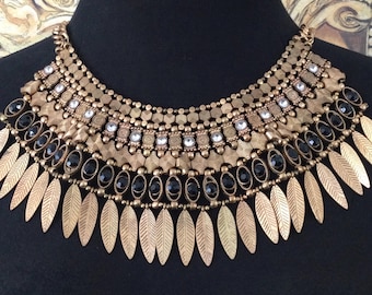 Vintage Large Goldtone Rhinestone Statement Bib Tassel Necklace