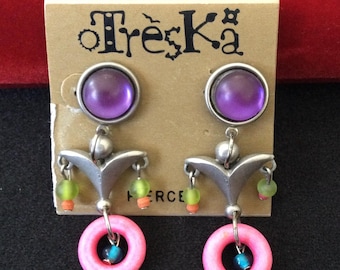 Treska Vintage Signed Pink & Purple Dangle Drop Pierced Earrings New Old Stock Jewelry