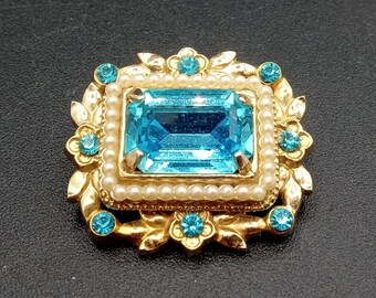 Coro Vintage Small Aqua Blue Rhinestone Brooch Pin, 1950's 1960's Designer Signed Jewelry