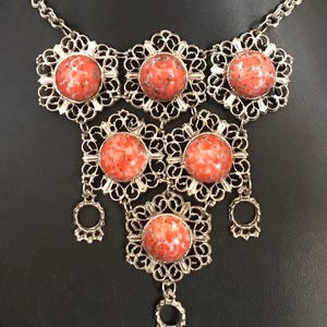 Vintage Silver Tone Orange Lucite Cabochon Statement Pendant Necklace, 1960&#39;s 1970&#39;s Jewelry