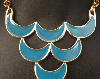 Monet Signed Vintage Goldtone Teal Blue Bib Necklace, 1980's 1990's Collectible Jewelry