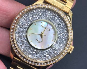 Reloj de pulsera Invicta, regalo para hombre, reloj firmado, coleccionable, de metal dorado con diamantes de imitación, Invicta Angel, acero inoxidable, reloj funcional.