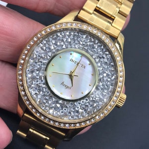 Invicta Wrist Watch, Men&#39;s Gift, Signed Watch, Collectible Rhinestone Gold Tone Metal Invicta Angel Stainless Steel Working Running Watch