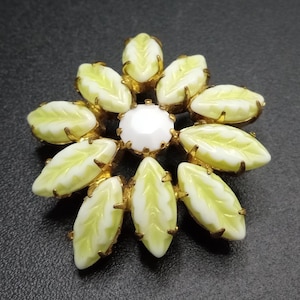Vintage Green Milk Glass Rhinestone Brooch Pin, 1950&#39;s 1960&#39;s Jewelry