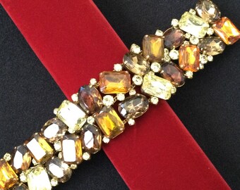 West Germany Vintage Designer Signed Rhinestone Goldtone Wide Bracelet, 1950's 1960's Jewelry