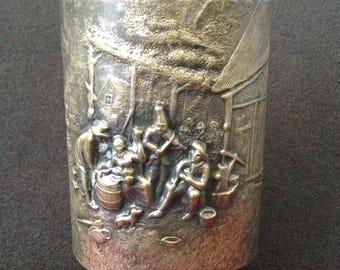 Denmark Vintage Signed Silvertone 3 Inch Wide Story Telling Scene Cuff Bracelet, 1950's 1960's Jewelry