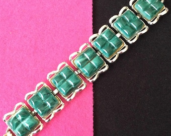 Vintage Silvertone Chunky Green Thermoset Bracelet, 1950's 1960's Jewelry