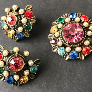Coro Vintage Colorful Rhinestone Brooch & Screw Back Earrings Jewelry Set, 1940&#39;s 1950&#39;s