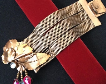 Vintage Lucite Rhinestone Leaf Statement Copper Tone Wide Statement Bracelet, 1960's 1970's Jewelry