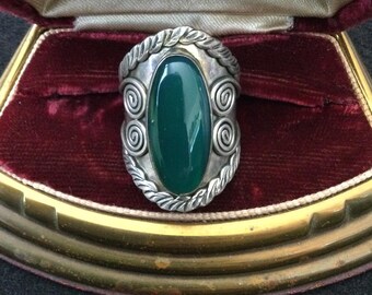 Vintage 925 Sterling Silver Green Stone Wide Ring US Size 5 3/4