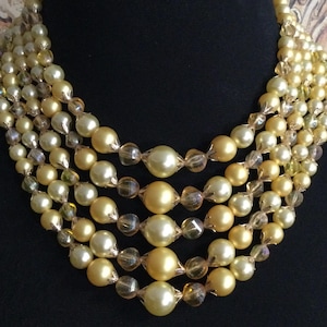 Hong Kong Signed 1950s 1960s Vintage Statement Yellow 5 Strand Beaded Necklace, Vintage Gift for Jewelry Lover