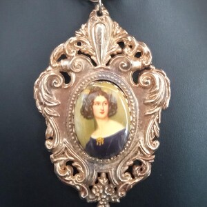 Victorian Lady Picture Pendant Necklace, Gold tone metal 1960s large ornate pendant necklace, jewelry gift for her