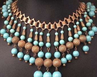 Vintage Goldtone Aqua Blue Beaded Tassel Necklace, 1930's 1940's Jewelry
