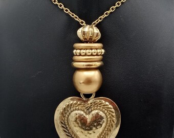 Vintage Long Gold Tone Heart Pendant Necklace 1980's Jewelry