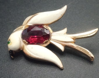 Coro Vintage Enamel & Red Glass Bird Brooch Pin, 1950's 1960's Designer Signed Jewelry, Gift for Bird Jewelry Lover