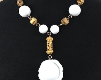 Vintage Goldtone Chunky White Beaded Pendant Necklace, 1980's 1990's Jewelry