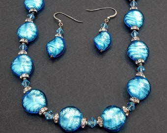 Vintage Blue Glass Rhinestone Beaded Necklace & Pierced Earrings Jewelry Set