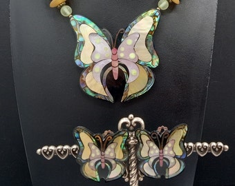 Vintage Butterfly Pendant Necklace & Clip On Earrings Jewelry Set 1960's 1970's Jewelry, Gift for Jewelry Lover, Vintage Present