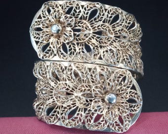 Vintage Wide Floral Goldtone Clamper Bracelet 1950's 1960's Jewelry